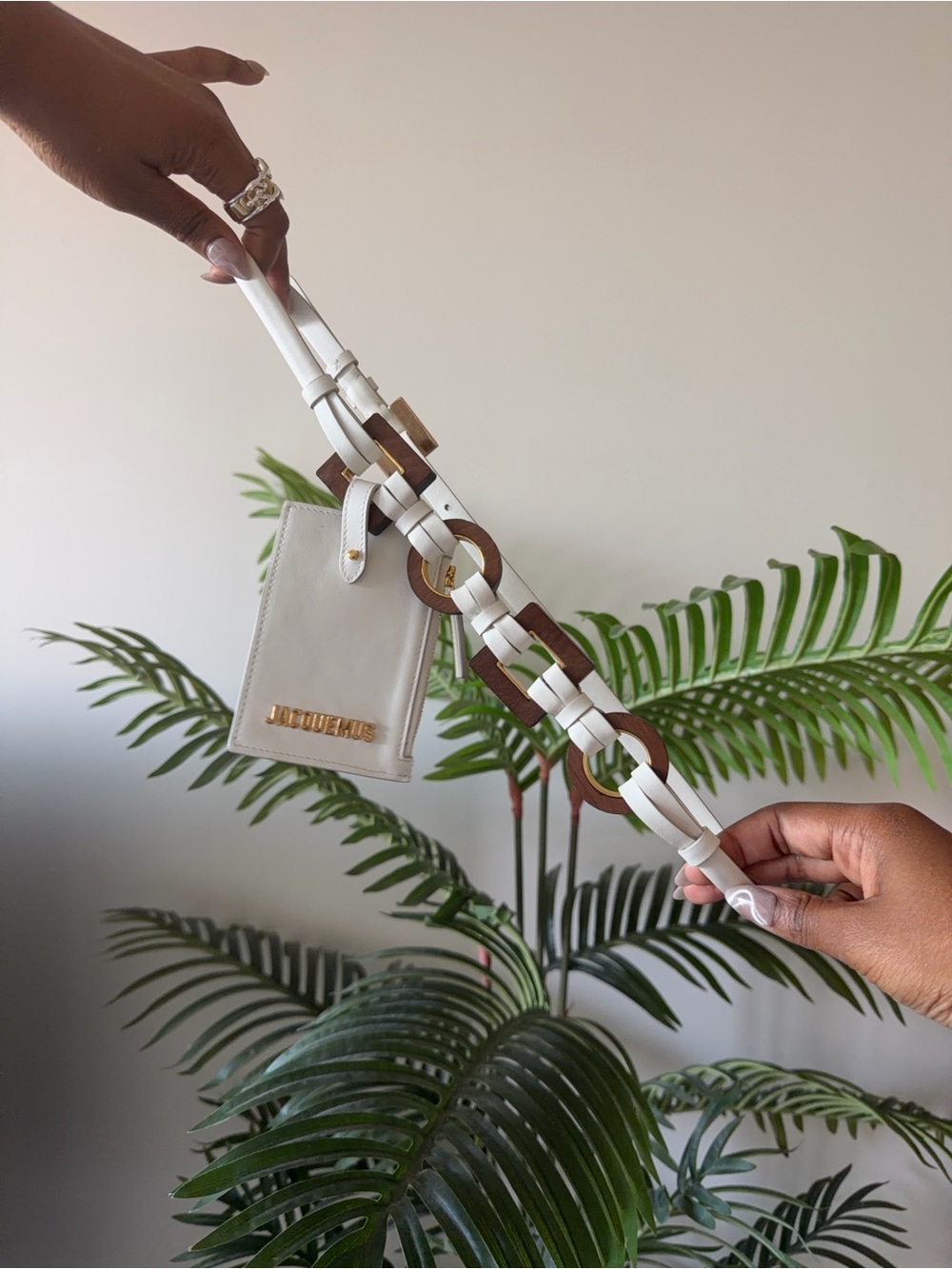Jacquemus White Leather Card Holder with Brown & White Chain Strap